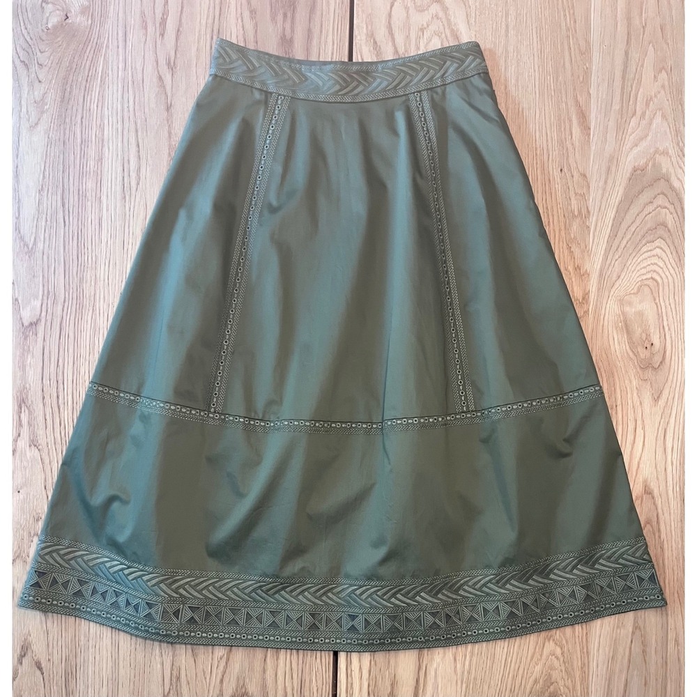 Elie Tahari Daisy Embroidered Poplin Midi Skirt Olive Green Boho-Chic Size 6 - Picture 2 of 10